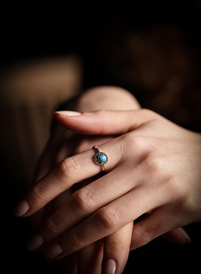 Alpha Rock Genuine Solid 925 Sterling Silver Simulated Round Turquoise Marcasite Accents Halo Ring, Statement Engagement Promise Wedding Birthstone Oxidized Fine Ring, Gift for Women (Simulated Turquoise A, 7) - Image 5